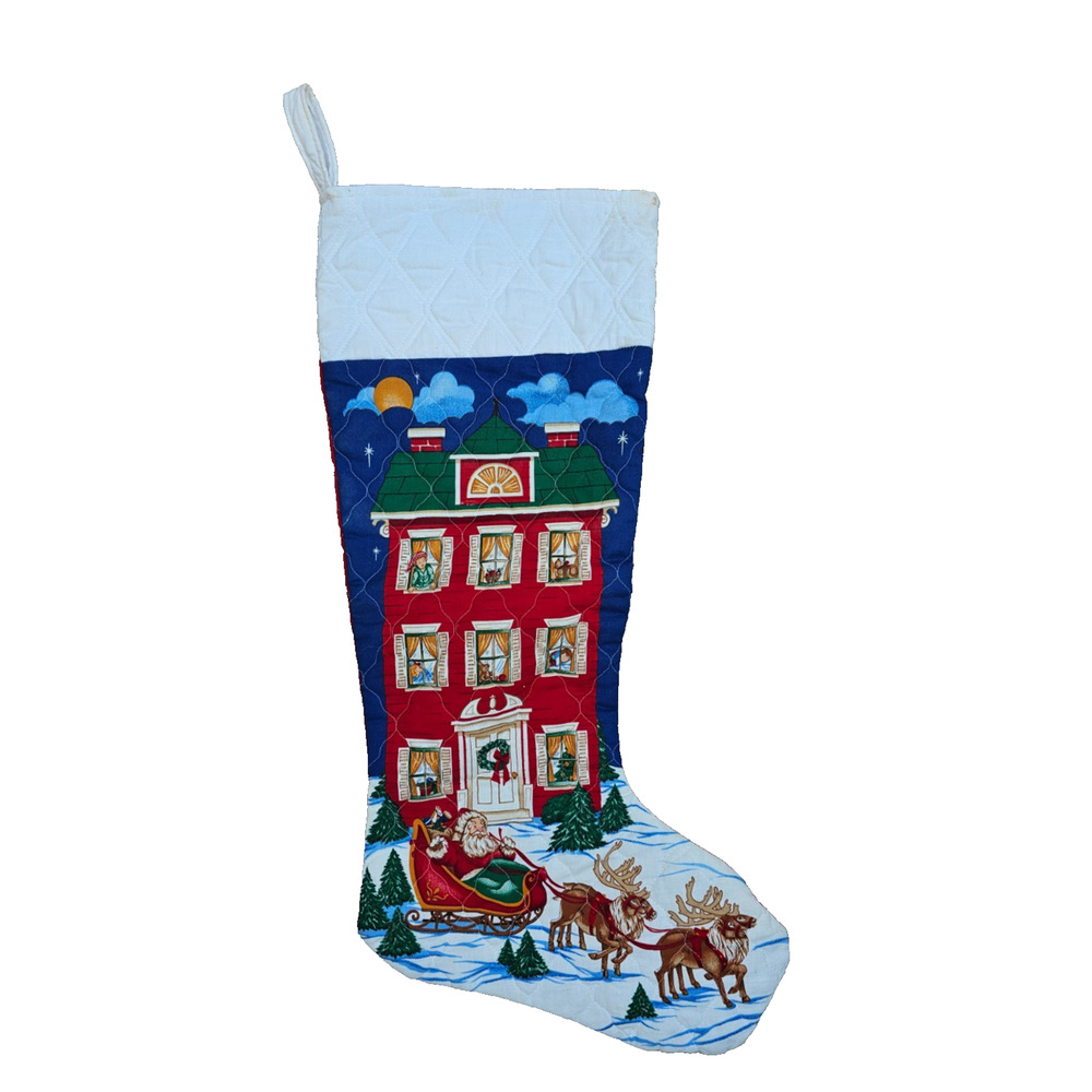 Vtg Large 28" Quilted Christmas Stocking A Visit From St. Nicholas Story Santa
